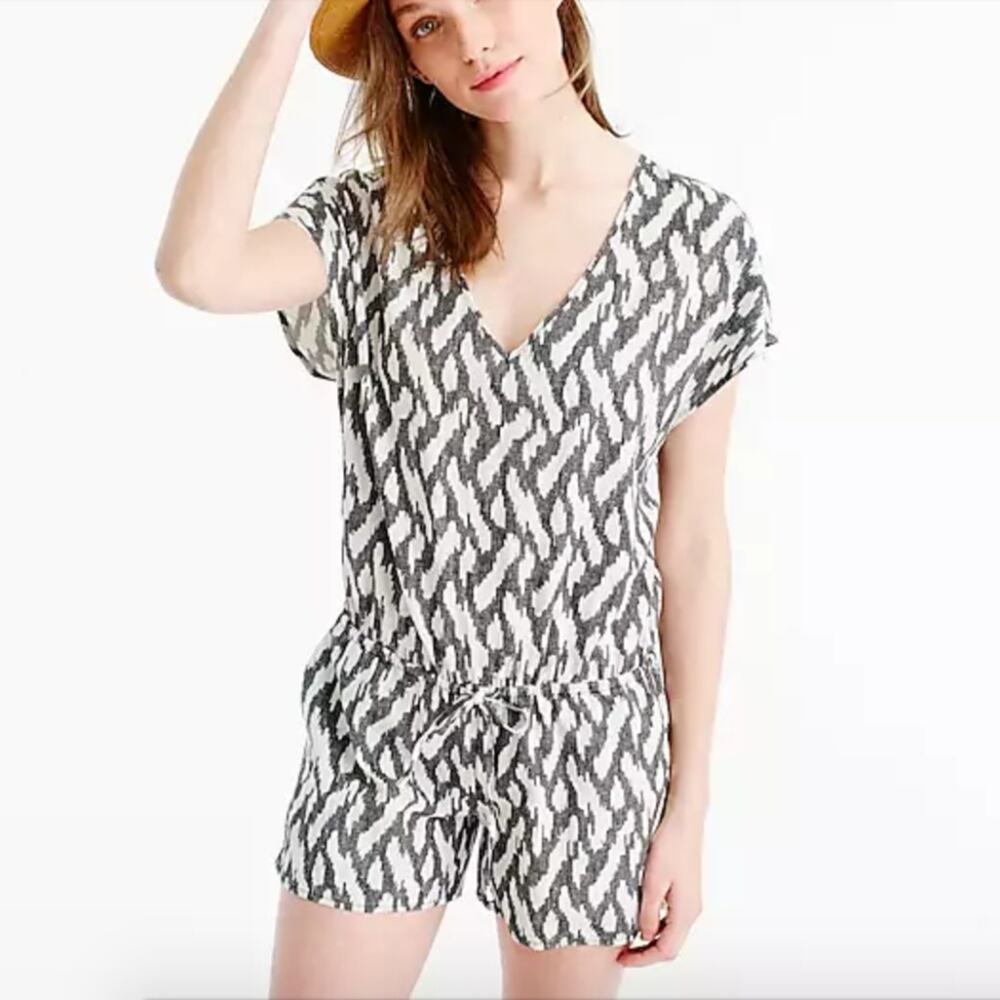 J Crew Black and White Tie-waist Romper in Ikat